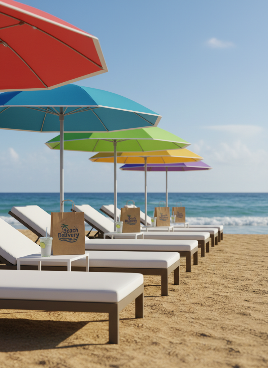 A vibrant beach setup featuring a neatly arranged row of colorful striped beach umbrellas and matching loungers, each with a small, sleek white side table holding a chilled beverage in a frosted plastic cup and a brown paper delivery bag with a playful “Beach Delivery” logo. The scene is set on fine golden sand near the shoreline, with gentle turquoise waves in the background and a bright blue sky above. Captured in photographic realism at eye level with a slightly wide angle, under warm late-morning sunlight that casts soft, crisp shadows. The mood is playful and inviting, with a clean, modern composition using the rule of thirds and a subtle bokeh effect on the distant water to keep focus on the delivered items under the umbrella.