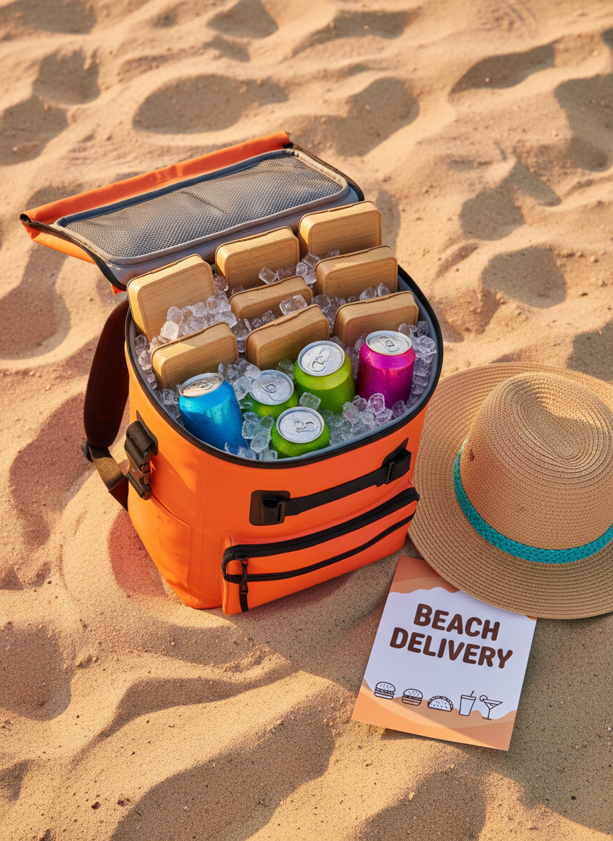 A playful still-life composition on sun-warmed sand featuring a bright orange waterproof cooler backpack tipped slightly on its side, with its zipper open to reveal meticulously stacked, eco-friendly takeaway containers and colorful aluminum cans nestled in crushed ice. Next to the backpack lies a wide-brimmed straw beach hat with a turquoise ribbon and a bold, flat-lay style “Beach Delivery” flyer displaying icons of different foods and drinks. The scene is lit by soft late-afternoon light, creating gentle gradients on the sand and subtle reflections on the icy surfaces. Photographic realism with a vibrant, clean aesthetic is captured from a slightly elevated flat-lay angle, with sharp focus throughout, evoking a mood of playful anticipation and effortless, on-the-sand convenience.