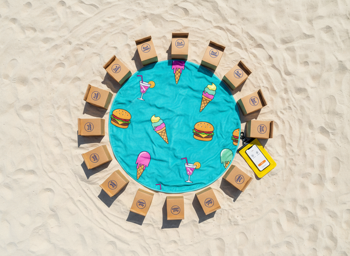 A bird’s-eye view of a whimsical beach towel setup arranged on pale, pristine sand: a large turquoise towel with fun illustrated icons of burgers, ice cream, and drinks, surrounded by a circular pattern of small delivery bags and recyclable food boxes, each stamped with a minimalist “Beach Delivery” logo. Nearby sits a bright yellow waterproof pouch with a smartphone partially visible, displaying a simplified delivery app screen. The overhead midday sun creates crisp, well-defined shadows around each object, enhancing textures in the sand. Photographic realism with saturated, cheerful colors and a clean, graphic composition fills the frame, conveying a playful, app-friendly beach lifestyle and the ease of ordering food without leaving your spot on the shore.
