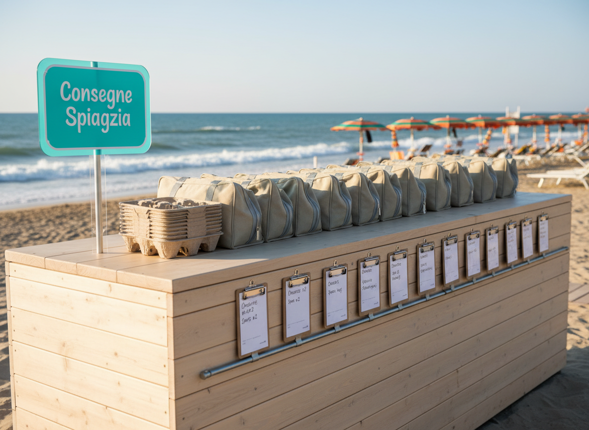 A sleek, modern beach bar counter constructed from light, sun-bleached wood stands on compact sand near the waterline, with a dedicated “Consegne Spiaggia” pick-up zone clearly marked by a playful, turquoise acrylic sign. On the counter rest organized rows of insulated delivery bags, compostable drink carriers, and neatly labeled order tickets clipped to a small metal rail. In the background, softly blurred umbrellas and gentle waves create depth. The scene is lit by bright but slightly diffused afternoon sunlight, minimizing harsh contrasts while adding natural highlights to metallic zippers and glossy labels. Captured at eye level with a slight side angle and moderate depth of field, the photographic image feels efficient, fresh, and friendly, showcasing a professional beach delivery hub ready for seamless service.
