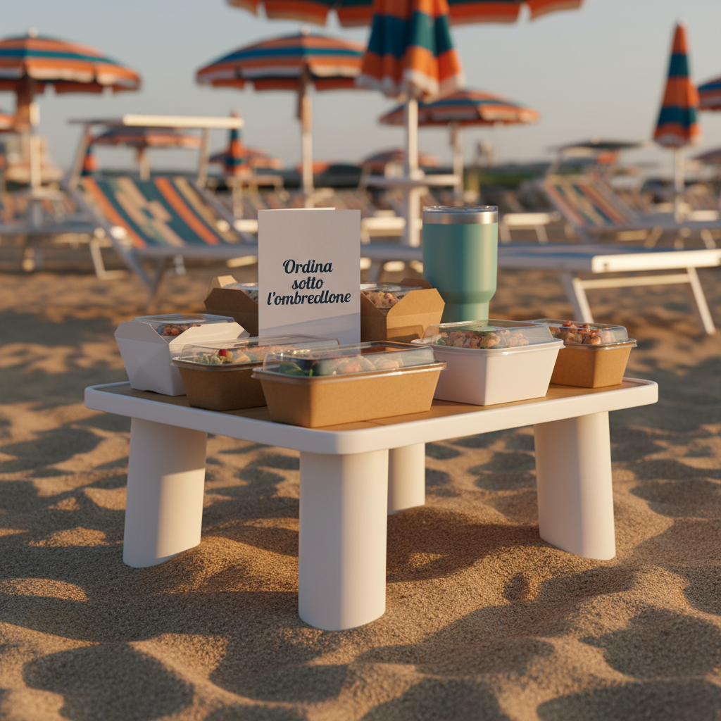 A close-up of a low, white, sand-resistant beach table firmly planted in soft, sunlit sand, topped with an array of neatly arranged takeaway food containers, a reusable insulated drink cup, and a folded paper menu labeled “Ordina sotto l’ombrellone.” Behind the table, the lower halves of paired beach loungers and bold, graphic-patterned umbrellas are visible, out of focus. The scene is illuminated by soft golden hour light, creating warm highlights on the containers’ glossy lids and gentle shadows between the items. Shot from a slightly elevated, three-quarter angle with shallow depth of field, this photographic, vibrant image feels playful and relaxed, emphasizing the convenience and delight of beachside delivery without any cluttered distractions.