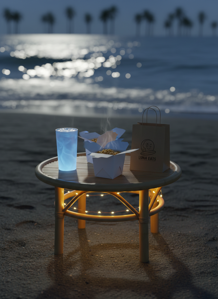 A nighttime beach setup showcasing the convenience of late-evening deliveries: a low bamboo beach table set on darker, slightly damp sand, illuminated by a warm string of small LED lights coiled casually around its legs. On the table are neatly arranged takeout boxes, a glowing translucent drink cup, and a small branded delivery bag with a playful logo. The gentle waves in the background reflect scattered moonlight, rendered in soft focus to keep attention on the table. Captured in photographic realism with a shallow depth of field and a slightly low angle, the image feels cozy, magical, and relaxed, highlighting that beach delivery can be enjoyed even after sunset in a warm, inviting atmosphere.