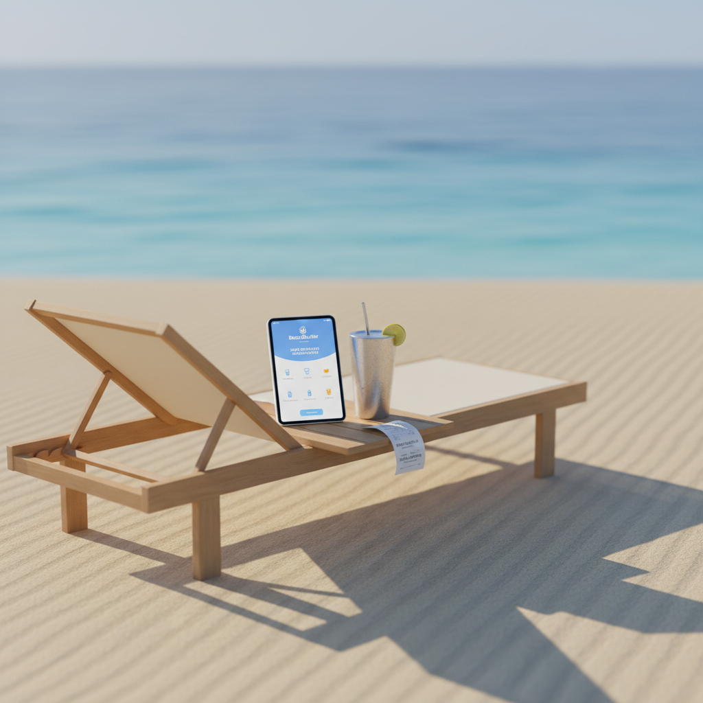 A minimalist yet playful beach scene showing a single, perfectly positioned sun lounger with a built-in side tray on smooth, raked sand. On the tray sit a glossy white tablet displaying a beach delivery app interface, a tall condensation-covered reusable cup with a citrus slice, and a neatly folded receipt indicating “zero costi aggiuntivi.” The ocean stretches out in the background in gentle gradient blues, softly blurred to keep the foreground crisp. Illuminated by serene early-morning light, the image has long, soft shadows and a calm but optimistic mood. Photographic realism with a clean, modern composition uses the rule of thirds and negative space to emphasize ease of ordering directly from your lounger without hassle.