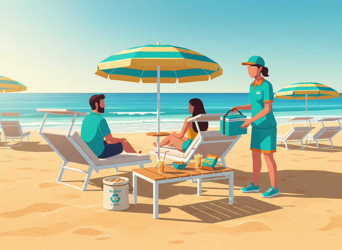 Una scena in spiaggia vista leggermente dall'alto: un bagnino o addetto al servizio Beach Delivery consegna snack e bevande a un ombrellone. Davanti ai lettini è posizionato un tavolino leggero e moderno, con sopra bibite e cibo. Accanto, un piccolo contenitore o sacchetto per la raccolta dei rifiuti, che suggerisce attenzione alla pulizia e all'ambiente. Stile illustrato, moderno e colorato, coerente con il resto del sito.